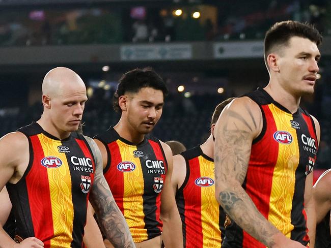 MELBOURNE, AUSTRALIA - MAY 18: The Saints look dejected after a loss during the 2024 AFL Round 10 match between Euro-Yroke (St Kilda) and Walyalup (Fremantle) at Marvel Stadium on May 18, 2024 in Melbourne, Australia. (Photo by Michael Willson/AFL Photos via Getty Images)