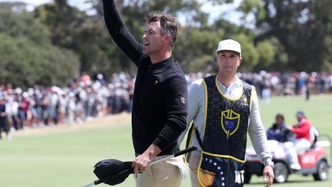 A pumped up Adam Scott after he and Beyond Hun An won for the Internationals. Picture: Michael Klein