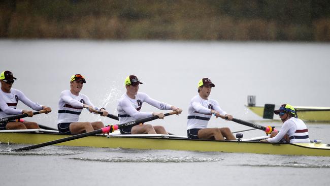 The Southport School pictured during the Schoolboys Open Eight Div 1 at the 97th annual Head of the River GPS Rowing Championships regatta at Wyaralong Dam, Brisbane, 16th of March 2019. (AAP Image/Josh Woning)