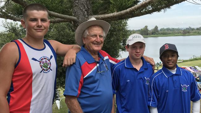 93-year-old Lower Clarence Rowing Club coach Harold Kratz with Royce McIntyre, Cody Hamel and Rene San Andres at the 2020 Grafton Rowing Club Regatta.