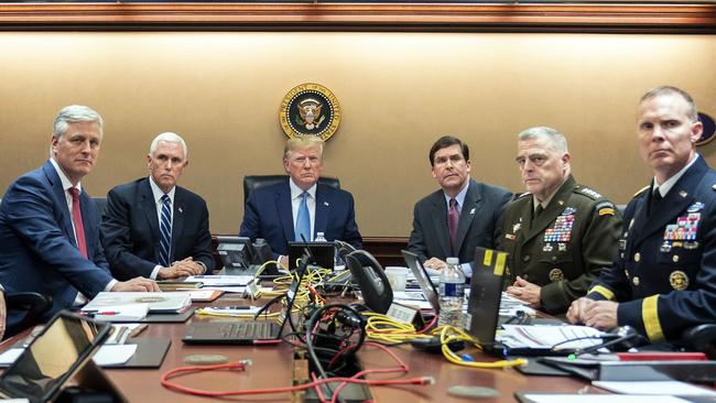 Donald Trump in the situation room with, from left, Robert O'Brien, Mike Pence, Mark Esper, Mark Milley and Marcus Evans. Picture: AP