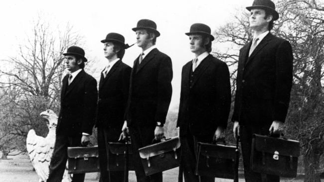 (L-r) actors comedians Terry Jones, Eric Idle, Graham Chapman, Michael Palin and John Cleese in TV program "Monty Python Show". 1970s