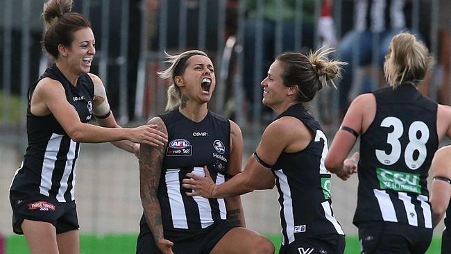 Moana Hope celebrates a goal in the AFLW season-opening clash against Carlton