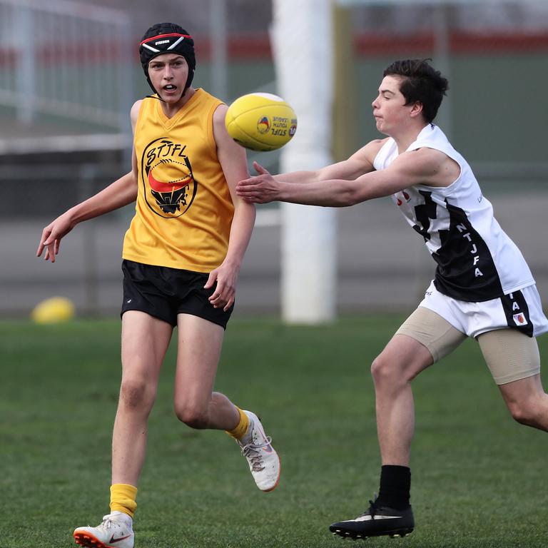 Under 16 Boys STJFL vs. NTJFA match, North Hobart Oval: Action between representative teams from each end of the state at North Hobart Oval. Picture: LUKE BOWDEN