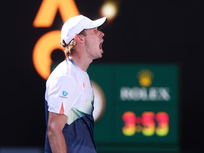 MELBOURNE, JANUARY 18, 2025: 2025 Australian Open Tennis, Day Seven. Alex de Minaur (AUS) celebrates his win against Francisco Cerundolo (ARG) during their third round singles match on Rod Laver Arena.  Picture: Mark Stewart