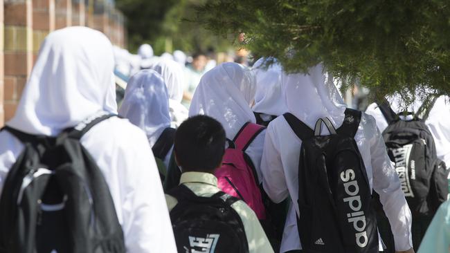 Students leaving Malek Fahd Islamic School in Greenacre, Sydney.