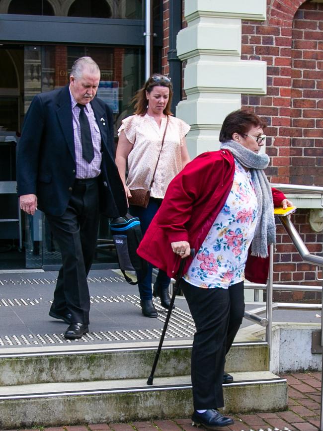 Cedric Harper Jordan and Noelene June Jordan (red jacket) leave the Supreme Court of Tasmania in Launceston. Picture: Patrick Gee