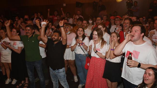 The elated crowd at Labor’s election party at Adelaide Oval. Picture: Tricia Watkinson