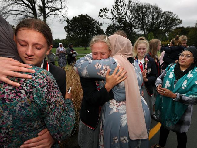 Christchurch students break down as they meet with families of the mosque attack victims. Picture: Gary Ramage