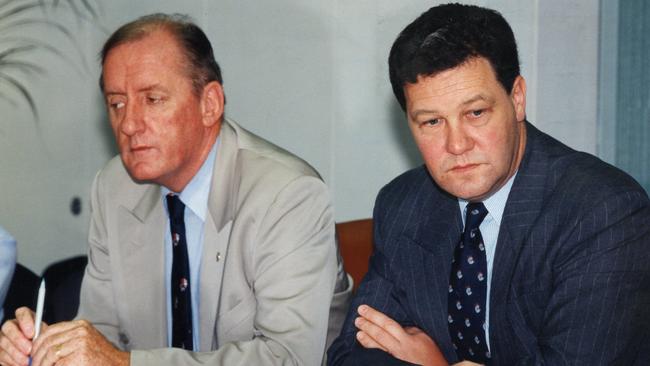 National Party leader Tim Fischer and Liberal Party leader Alexander Downer sit with stony silence between them in 1994. Picture: News Corp