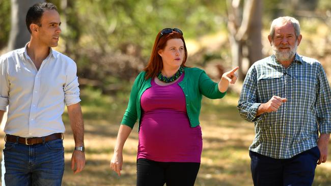 Suzette Meade (centre) with members of the North Parramatta Residents Action Group Stephen Bracatisano and Bob Edgar at Parramatta Park in 2017. Picture: AAP Image/Joel Carrett