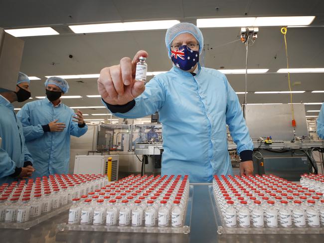 MELBOURNE, AUSTRALIA - FEBRUARY 12: Prime Minister Scott Morrison visits the CSL vaccine manufacturing facility on February 12, 2021 in Melbourne, Australia. Pharmaceutical company CSL is manufacturing Australia's Oxford-AstraZeneca COVID-19 vaccines.  (Photo by David Caird-Pool/Getty Images) *** BESTPIX ***