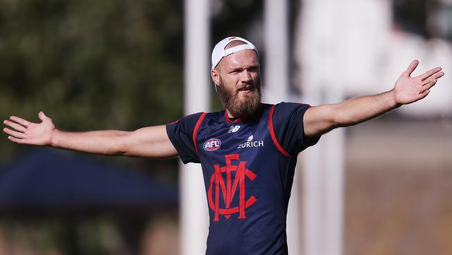 MELBOURNE, AUSTRALIA — MARCH 27: Max Gawn of the Demons gestures during a Melbourne Demons AFL training session at Gosch's Paddock on March 27, 2019 in Melbourne, Australia. (Photo by Michael Dodge/Getty Images)