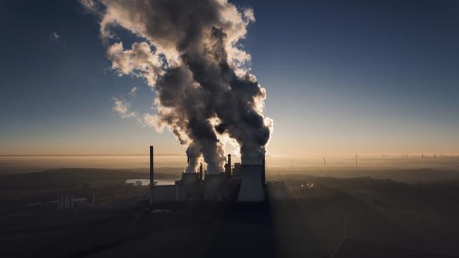 Brown coal power station at dusk - aerial view