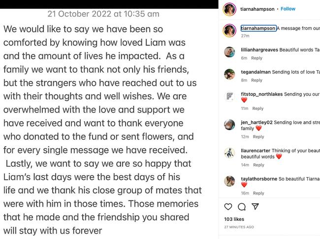 A statement form the family of Liam Hampson posted to instagram