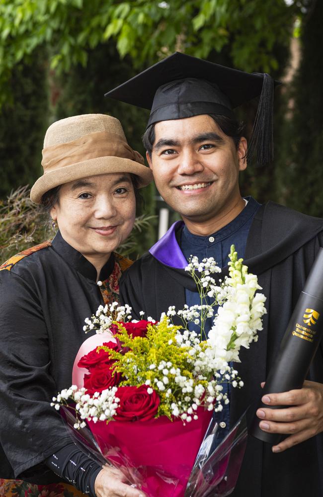 Tao Lin congratulates her son Likun Lin on his Juris Doctor graduation at a UniSQ graduation ceremony at The Empire, Tuesday, October 29, 2024. Picture: Kevin Farmer