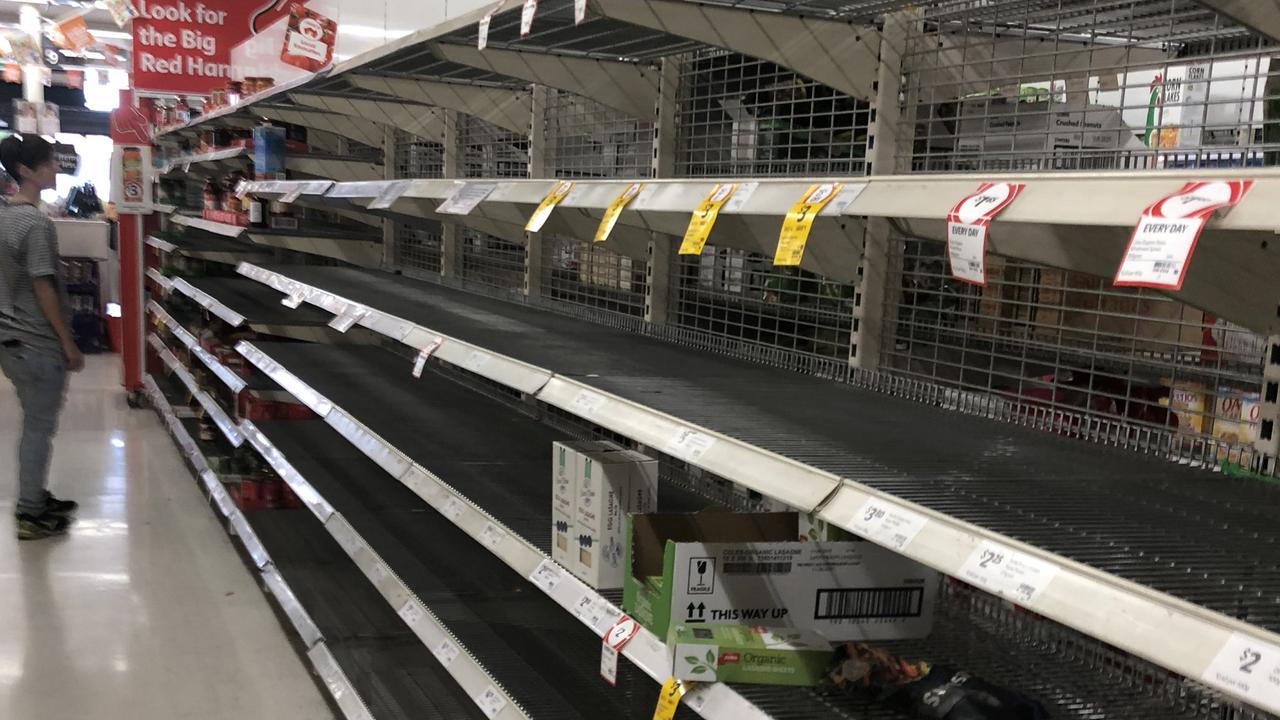 Depleted and empty shelves seen at Coles supermarkets on Anzac Highway, Kurralta Park this week. Picture: Roy VanDerVegt/AAP