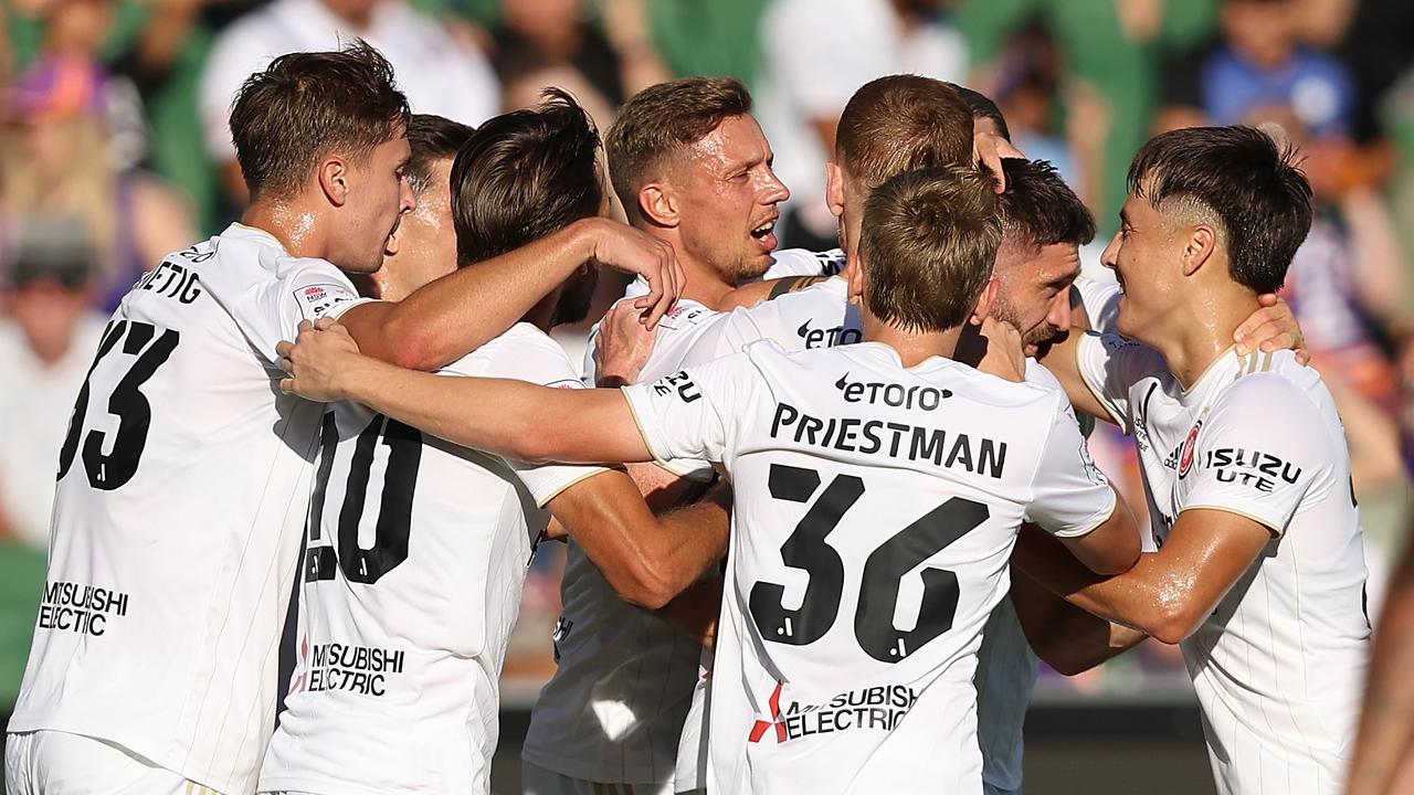 The Wanderers celebrate Brandon Borrello’s goal against Perth Glory. Picture: Paul Kane/Getty Images