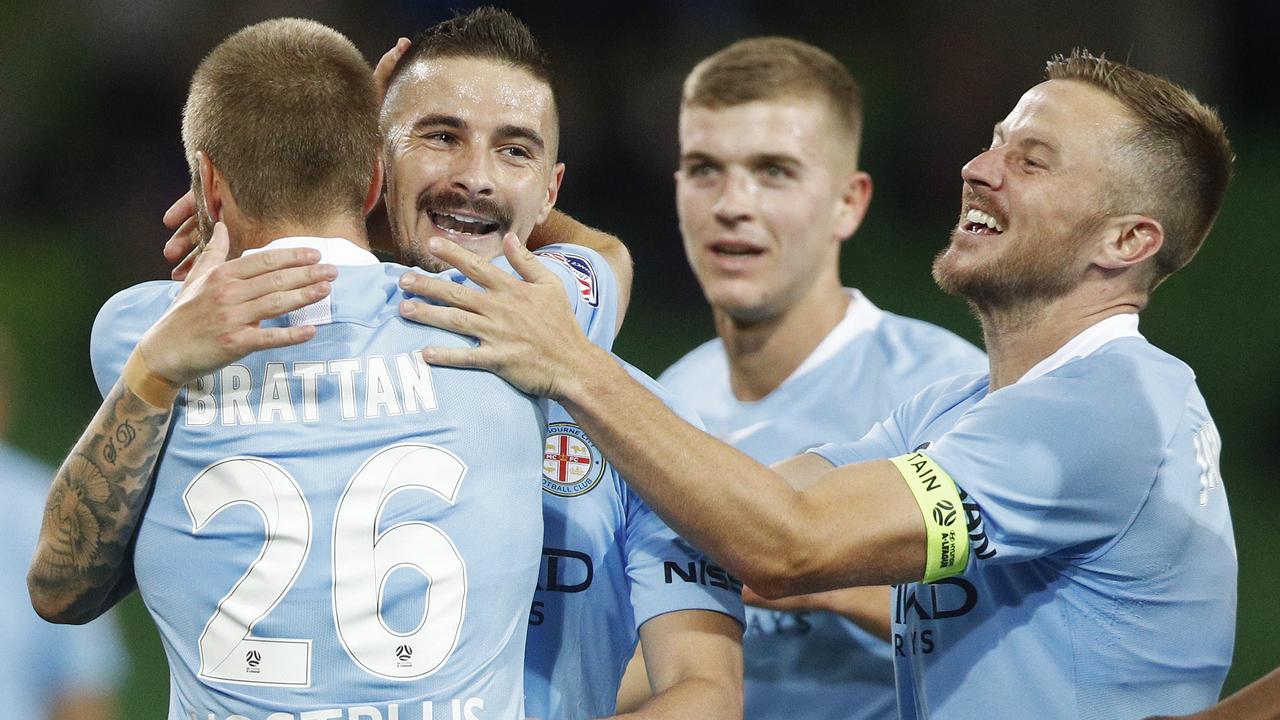 Jamie Maclaren celebrates. (AAP Image/Daniel Pockett) 