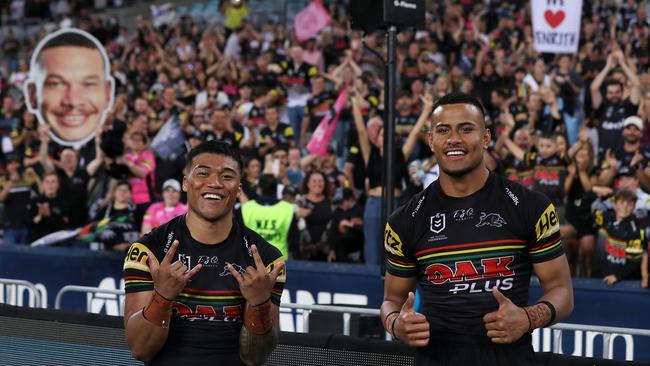 Brian To'o, left, and Stephen Crichton celebrate in front of a large crowd in Sydney after the Penrith Panthers’ defeated the South Sydney Rabbitohs in the NRL Preliminary Final match on Saturday night. Picture: Getty Images