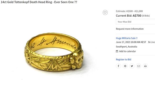 An SS Death's Head ring which is being auctioned on the Gold Coast.