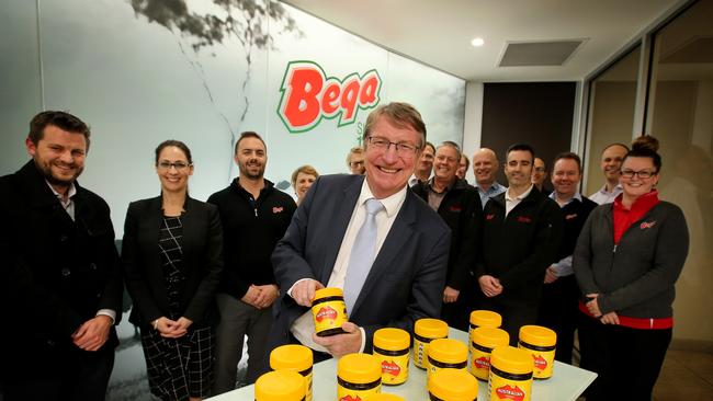 Bega boss Barry Irvin with staff in Melbourne. Picture: Stuart McEvoy for the Australian.