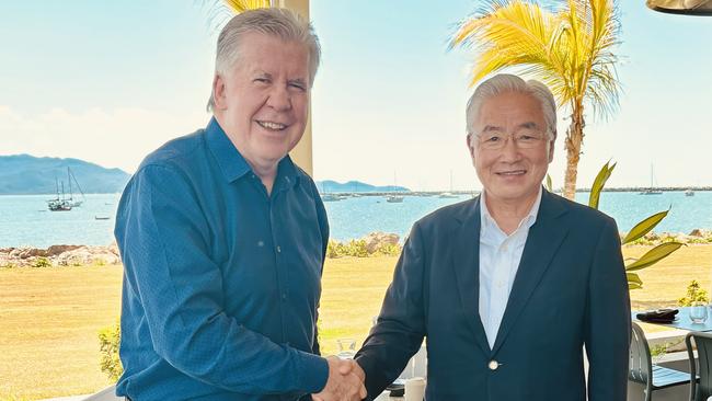 Ex-Mayors Tony Mooney and Japanese sister city Iwaki's Mitsuhide Iwaki meet for Japanese food at Ardo Hotel, continuing a city relationship lasting more than 33 years. Picture: Supplied