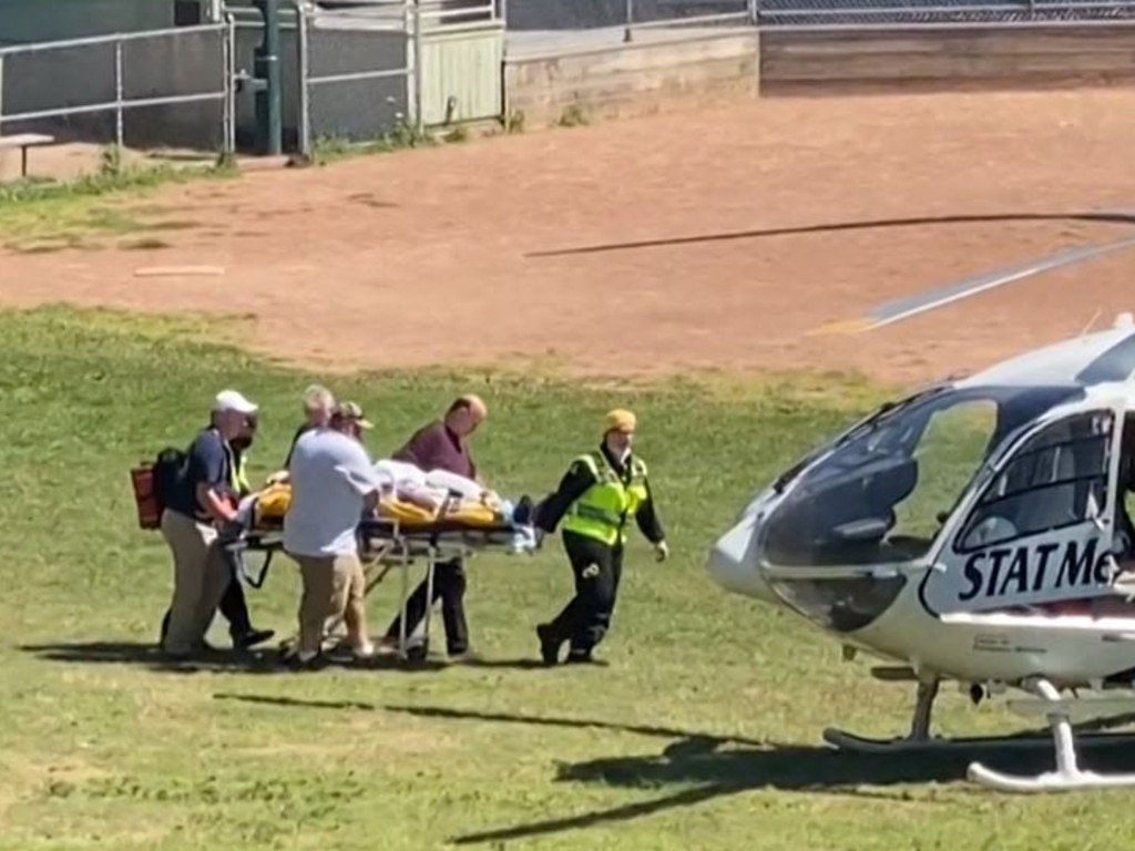 Salman Rushdie is loaded onto a medical evacuation helicopter. Picture: Horatio Gates/AFP