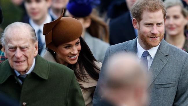 Philip with Meghan and Harry in 2017. Picture: Adrian Dennis/AFP