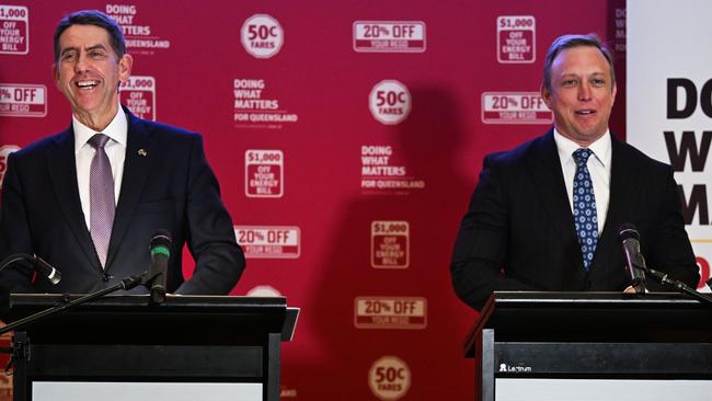 Queensland Treasurer Cameron Dick, left, and Premier Steven Miles in Brisbane on Tuesday. Picture: Dan Peled / NewsWire