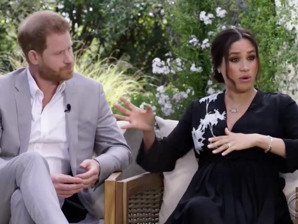 Harry and Meghan during their bombshell Oprah Winfrey interview. Picture: CBS