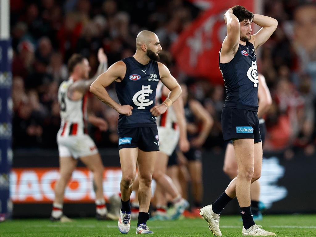 Nic Newman of the Blues looks dejected after a loss to St Kilda Saints at Marvel Stadium on August 25. Picture: Michael Willson/AFL Photos via Getty Images