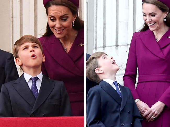 Prince Louis with his mum, Kate, on the balcony of Buckingham Palace.