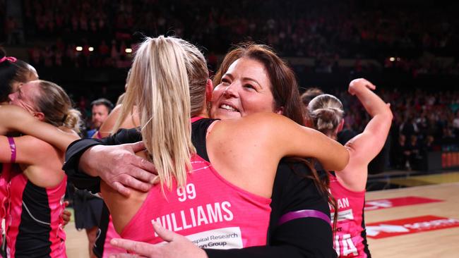 Adelaide Thunderbirds coach Tania Obst celebrates victory with Tayla Williams of the Thunderbirds following the Super Netball Grand Final match between Adelaide Thunderbirds and Melbourne Vixens. (Photo by Graham Denholm/Getty Images)