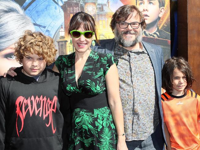 Black with wife Tanya Haden and sons Samuel (left) and Thomas (far right) at the US premiere of The House with a Clock in its Walls in Hollywood on September 16. Picture: David Livingston/Getty Images