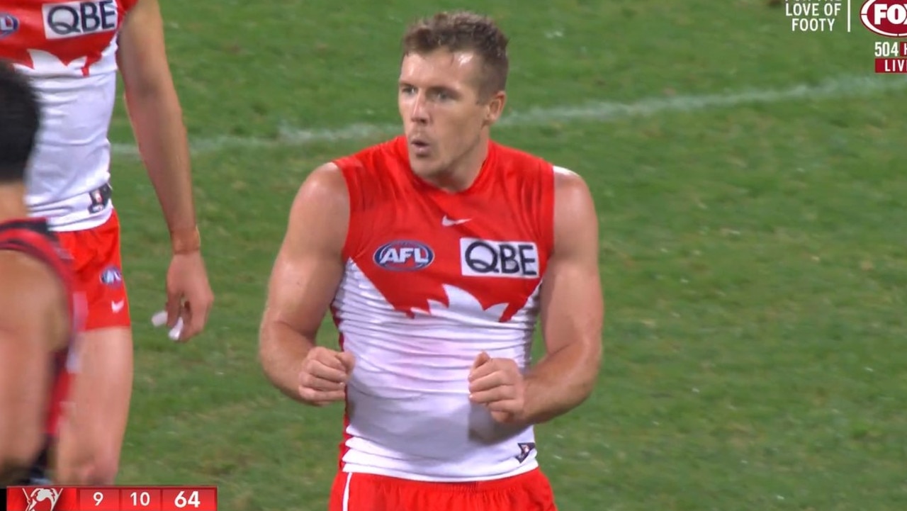 Luke Parker mocks Dylan Shiel in the Swans big win over the Bombers on Saturday night at the SCG