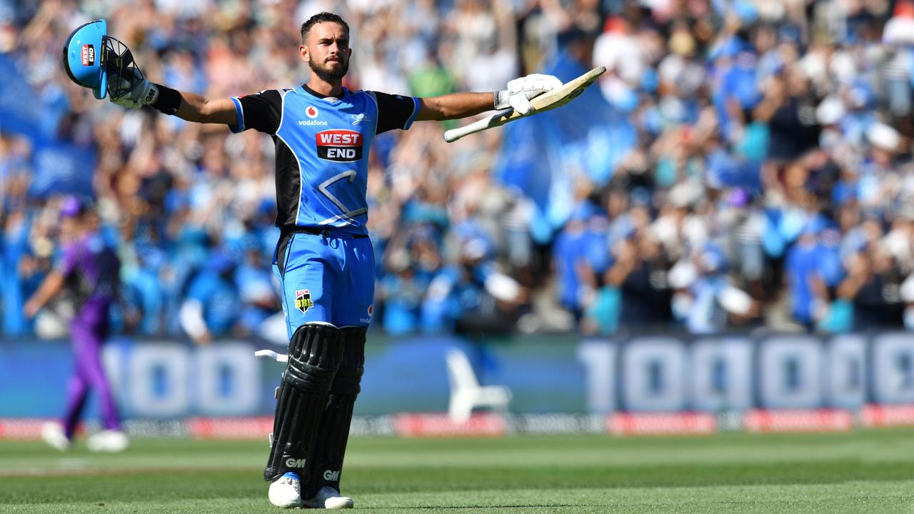 Jake Weatherald of the Adelaide Strikers celebrates a century during a match against Hobart. Picture: AAP / David Mariuz