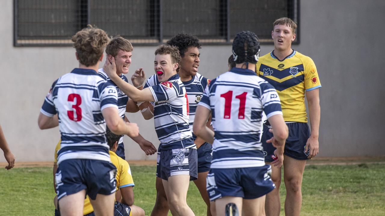 Harry Schwenke celebrates his try for St Mary's. St Mary's College vs Mabel Park SHS. Langer Trophy last season. Picture: Nev Madsen.