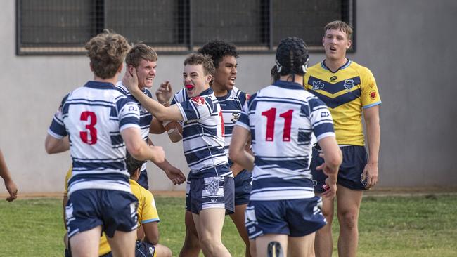 Harry Schwenke celebrates his try for St Mary's. St Mary's College vs Mabel Park SHS. Langer Trophy last season. Picture: Nev Madsen.