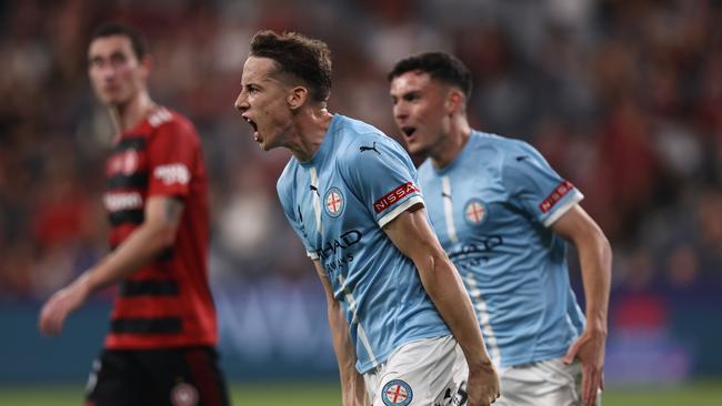 SYDNEY, AUSTRALIA – APRIL 19: Kai Trewin of Melbourne City celebrates scoring a goal during the round 27 A-League Men match between Western Sydney Wanderers and Melbourne City at CommBank Stadium on April 19, 2025 in Sydney, Australia. (Photo by Jason McCawley/Getty Images)