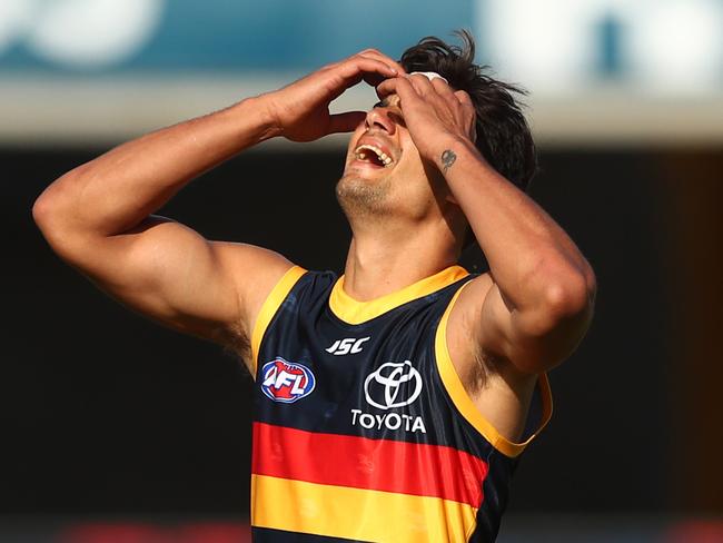 GOLD COAST, AUSTRALIA - JULY 05: Shane McAdam of the Crows reacts during the round 5 AFL match between the Adelaide Crows and the Fremantle Dockers at Metricon Stadium on July 05, 2020 in Gold Coast, Australia. (Photo by Chris Hyde/Getty Images)