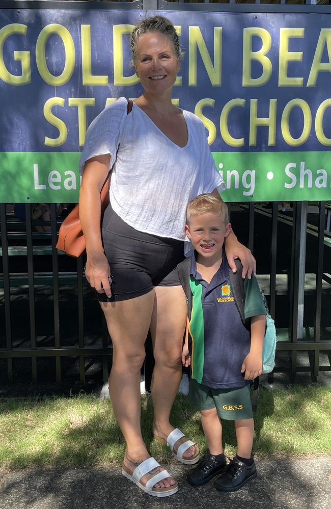 Alira with Finn on his first day of school at Golden Beach State School. Picture: Iwan Jones