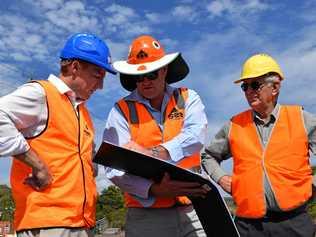 WORK UNDERWAY: Lismore City Council mayor Isaac Smith, SEE Civil project manager Michael Williams and Cr Bill Moorhouse inspect the earthworks of the South Lismore Flood Mitigation project. Picture: Jackie Munro