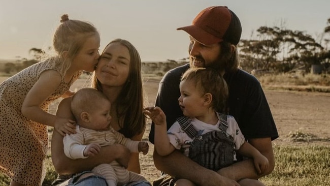 Dillon Schmaal, who died after a battle with depression, with four of his children (left to right) Oakley, Haley, Tully (baby), and Hunter. Picture: Supplied by family