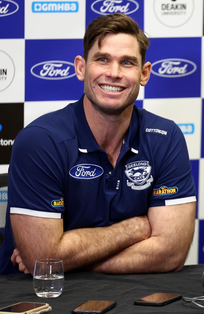 ‘Enjoy every last moment!’ Hawkins at Geelomg’s GMHBA Stadium on Tuesday where he publicly confirmed he will retire at the end of the 2024 season. Picture: Getty Images