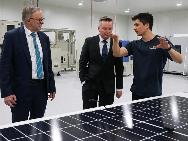 SYDNEY, AUSTRALIA: NOVEMBER 01 2023: The Prime Minister Anthony Albanese is in Sydney today and is joined by the Minister for Climate Change and Energy, Chris Bowen as they meet CEO and Founder of Sundrive Vince Allen (right) They attend the opening of the Sun Drive Solar Manufacturing Facility in Kurnell where the Prime Minister delivers a speech. Photo by: NCA Newswire /Gaye Gerard