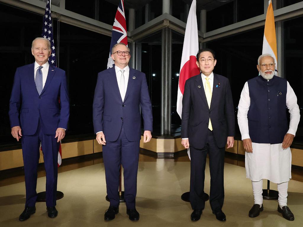 US President Joe Biden, Australia's Prime Minister Anthony Albanese, Japan's Prime Minister Fumio Kishida and India's Prime Minister Narendra Modi at the Quad meeting. Picture: Jiji Press