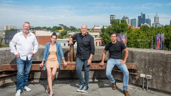 King and Godfree on the corner of Lygon and Faraday Street in Carlton is set to reopen with a rooftop bar with city views. The team behind the new venue are (from left from right) Neil Rocke, Meira Harel, Anthony Musarra and Julien Bianchi. Picture: Eugene Hyland