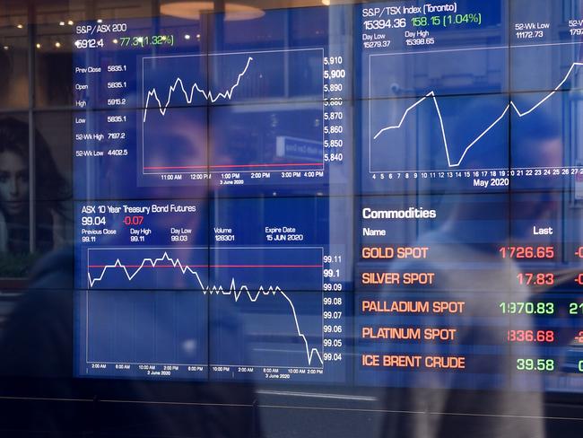 Digital market boards are seen at the Australian Stock Exchange (ASX) in Sydney, Wednesday, June 3, 2020. Australia's economy contracted 0.3 per cent in the March quarter, broadly in line with market expectations. (AAP Image/Bianca De Marchi) NO ARCHIVING