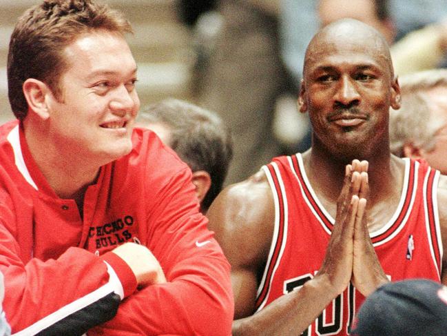 APRIL 29, 1998 : Chicago Bulls' Luc Longley (L) & Michael Jordan celebrate in East Rutherford 29/04/98 following victory over New Jersey Nets in first round of NBL playoffs.Basketball